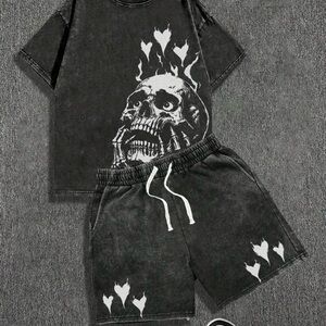 Black Skull Graphic T-Shirt and Shorts Set